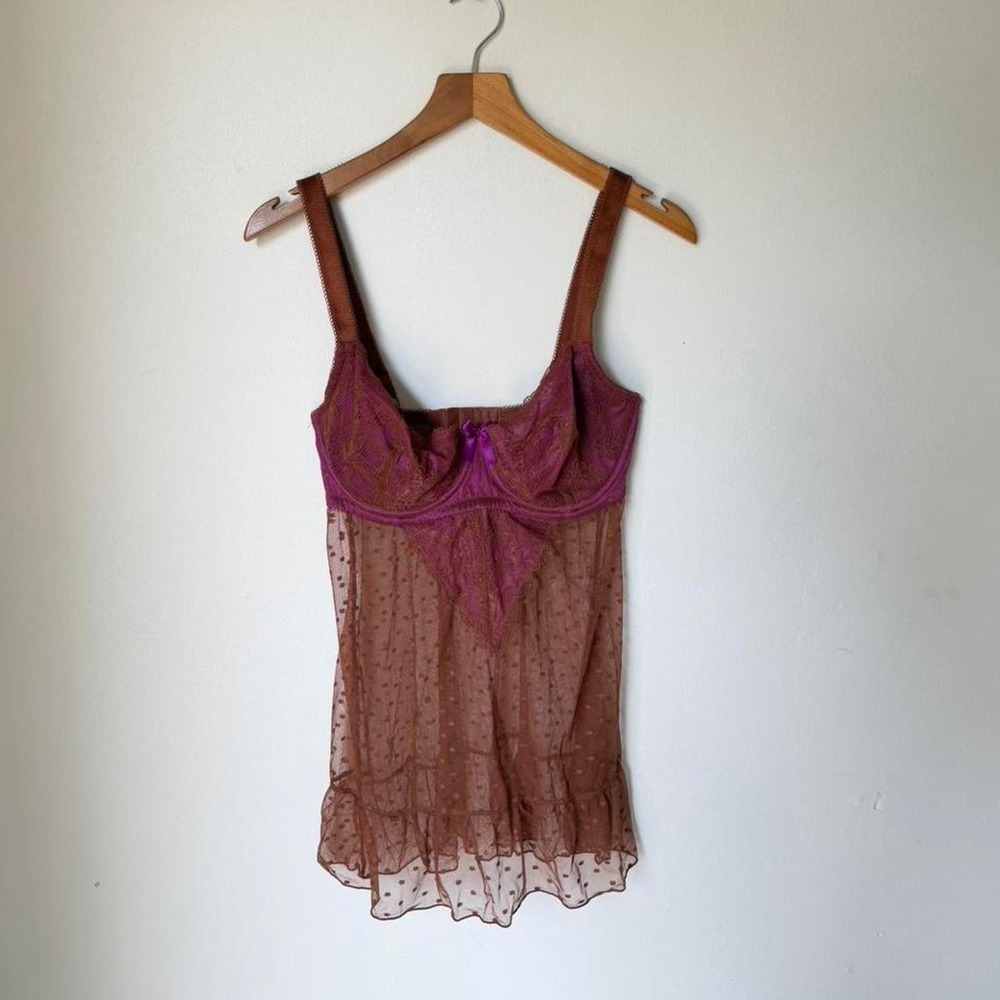 Brown lace sheer cami top with purple bow detail and adjustable straps